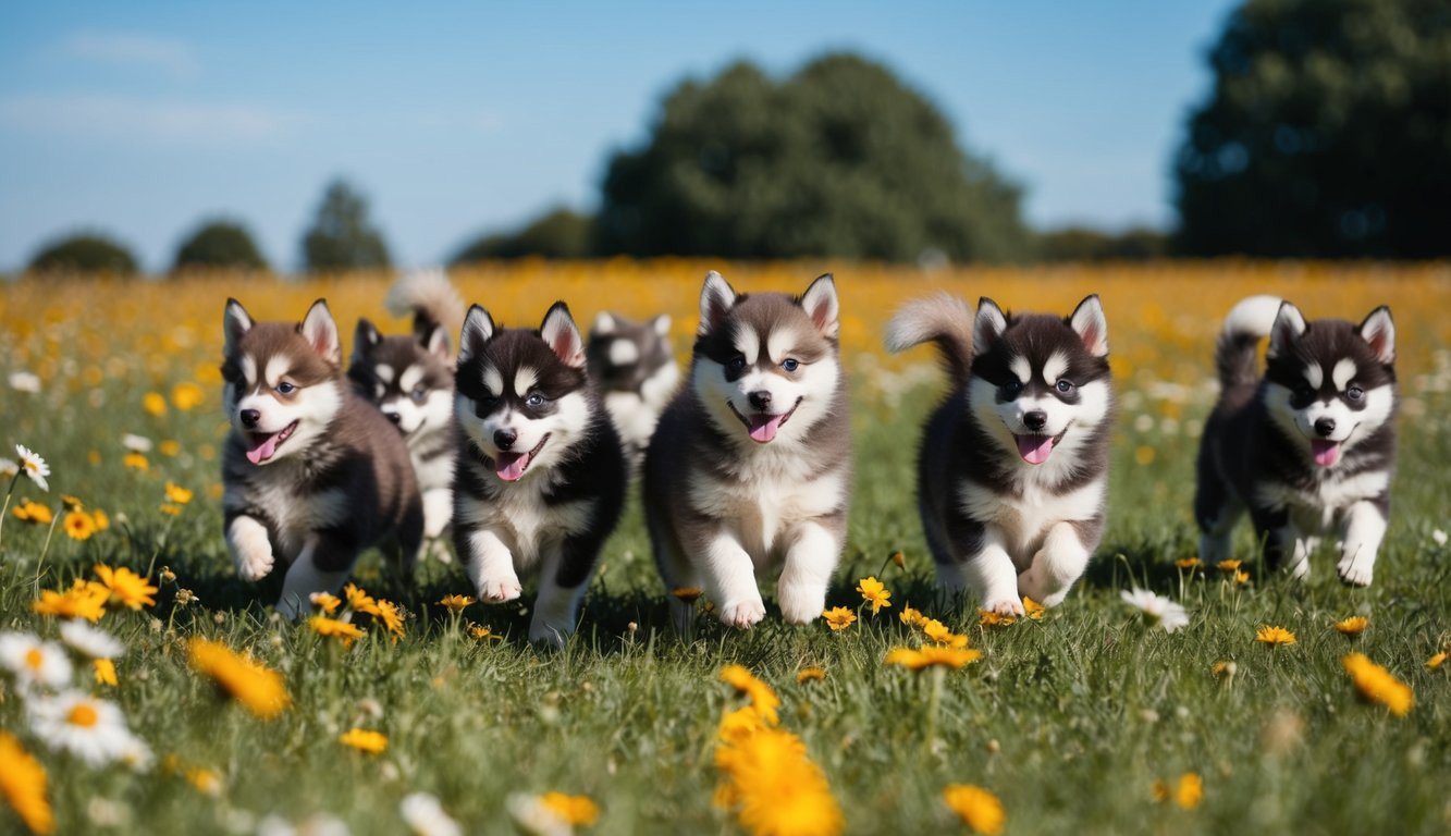 Seven fluffy husky puppies dash through a field of yellow flowers on a sunny day, each an adorable bundle of energy and joy.