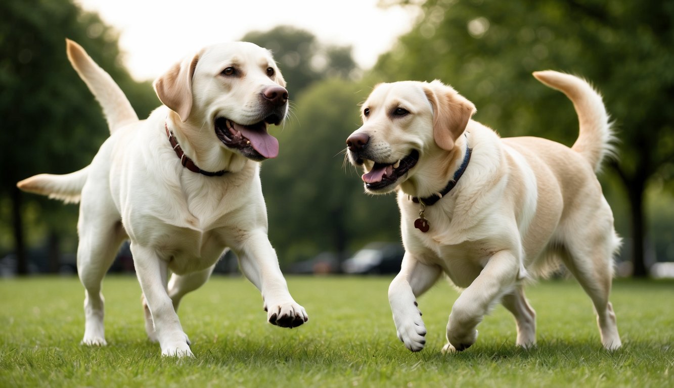 Two Labrador Retrievers, full of energy, joyfully run on the grass in a park with trees in the background, showcasing key differences from their Chesapeake Bay Retriever cousins.