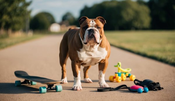 An American Bulldog stands confidently on a paved path, surrounded by a skateboard, a toy frog on wheels, a leash, and a water bottle. With trees and grass lining the background, this scene quietly hints at the surprising hidden traits of this strong yet playful breed.