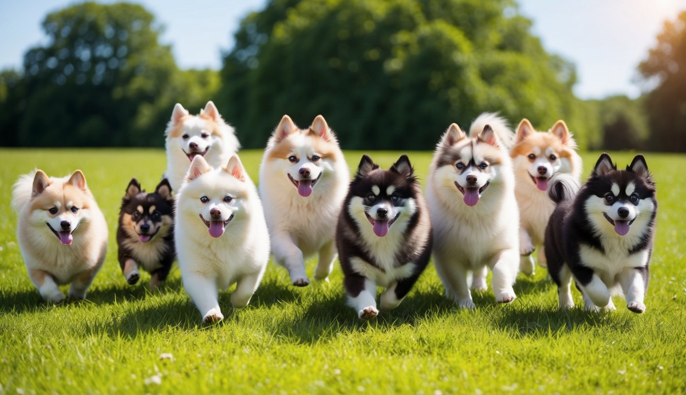 A group of fluffy companions, like adorable Pomskies, happily running on a grassy field with trees in the background.