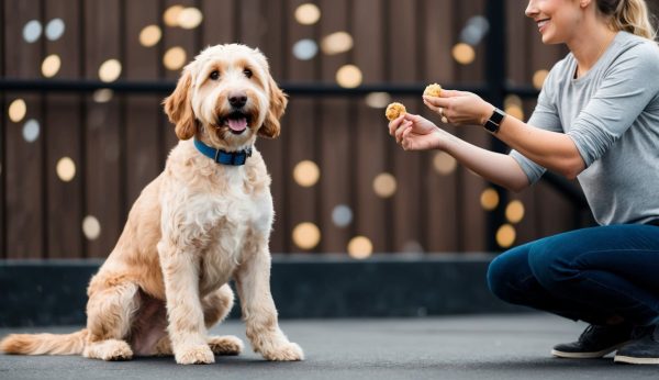 A woman is kneeling and holding treats in front of a seated, light brown dog wearing a blue collar. This scene showcases effective strategies for Labradoodle training, set outdoors with a beautifully blurred background of lights.