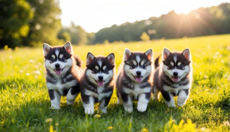 Four husky puppies, the perfect fluffy companions, frolic on grass in the sunlight, surrounded by vibrant greenery.
