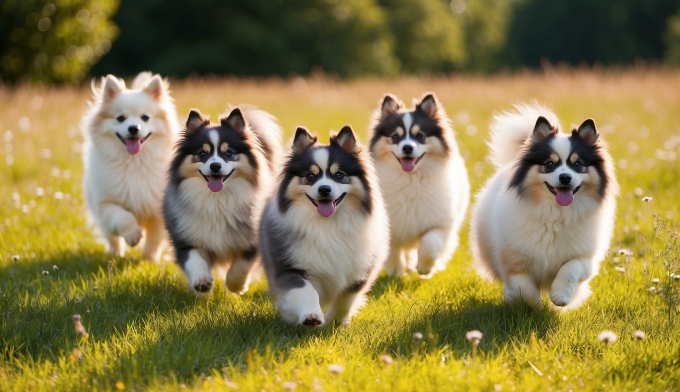 Five fluffy companions run towards the camera on a grassy field, their playful energy bringing adorable ideas to life.