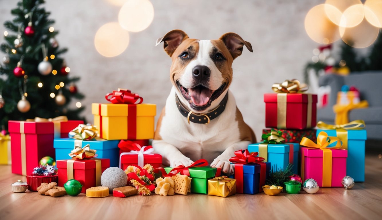 A happy Bull Terrier sits surrounded by colorful wrapped treasures and a decorated Christmas tree.