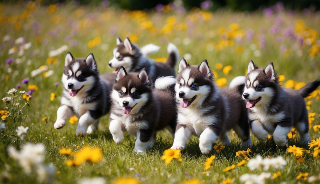 Five Siberian Husky puppies, each a fluffy companion, frolic in a sunny field filled with yellow and white wildflowers.