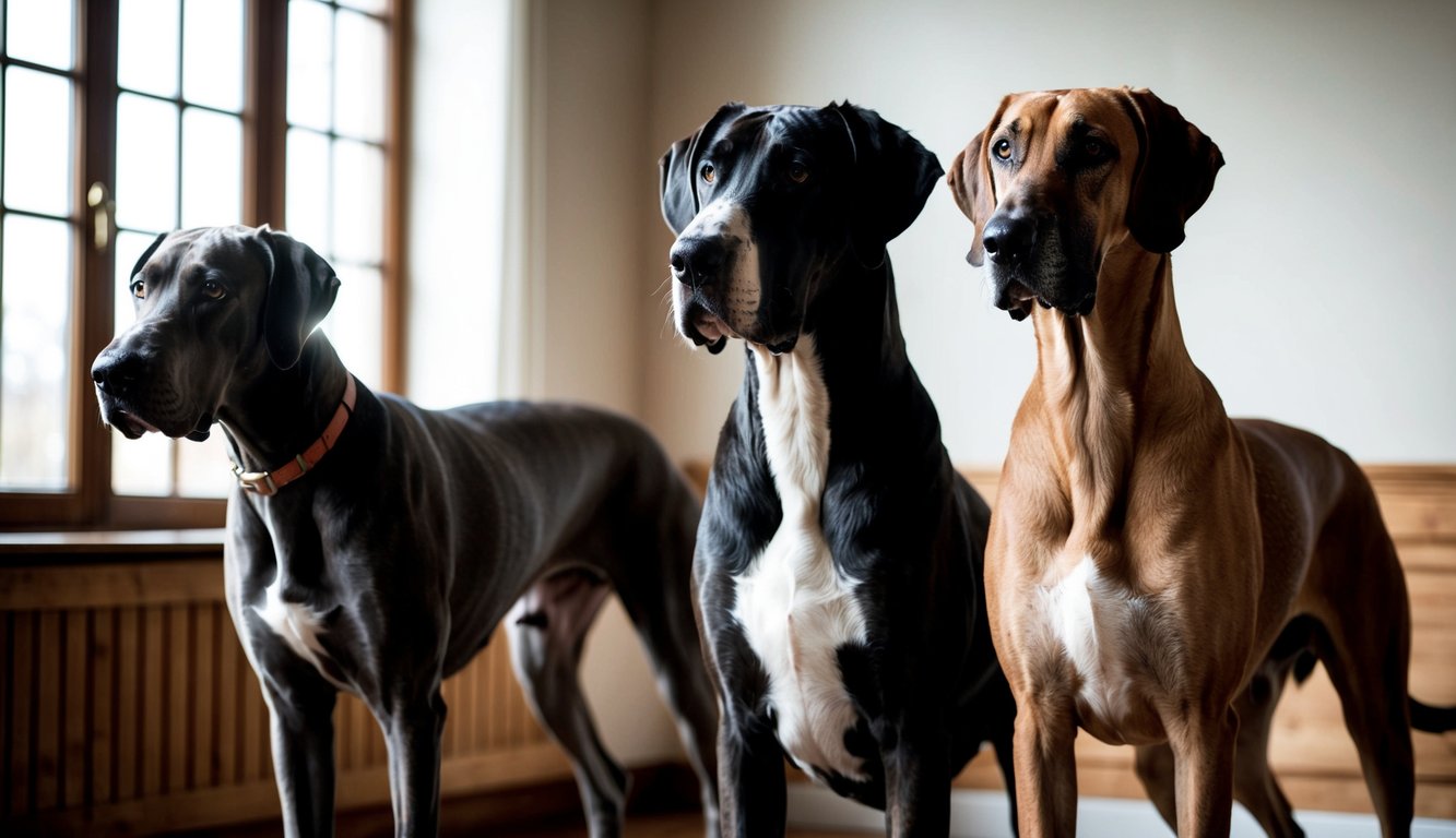 Three imposing Great Danes, one gray, one black and white, and one brown, stand indoors near a sunlit window. These giants among dog breeds exude a majestic presence that captivates any who enter the room.