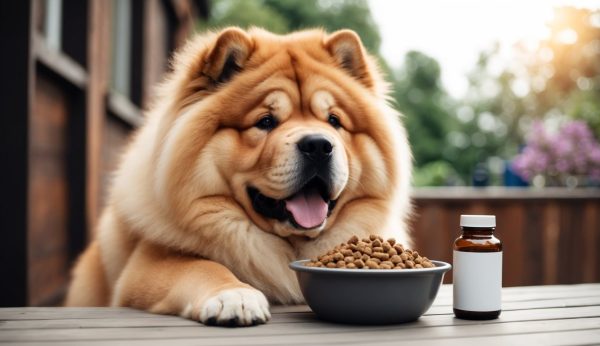 A fluffy Chow Chow sits at a wooden table, eyeing a bowl of kibble and a medicine bottle beside it. With these essential tips on grooming, your furry friend will maintain a healthy coat that invites all the love and attention it deserves.