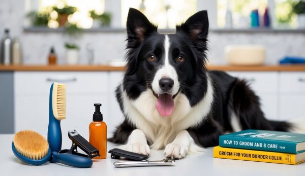 A Border Collie sits proudly on a countertop surrounded by grooming tools and books about dog care, ready to master the art of grooming.