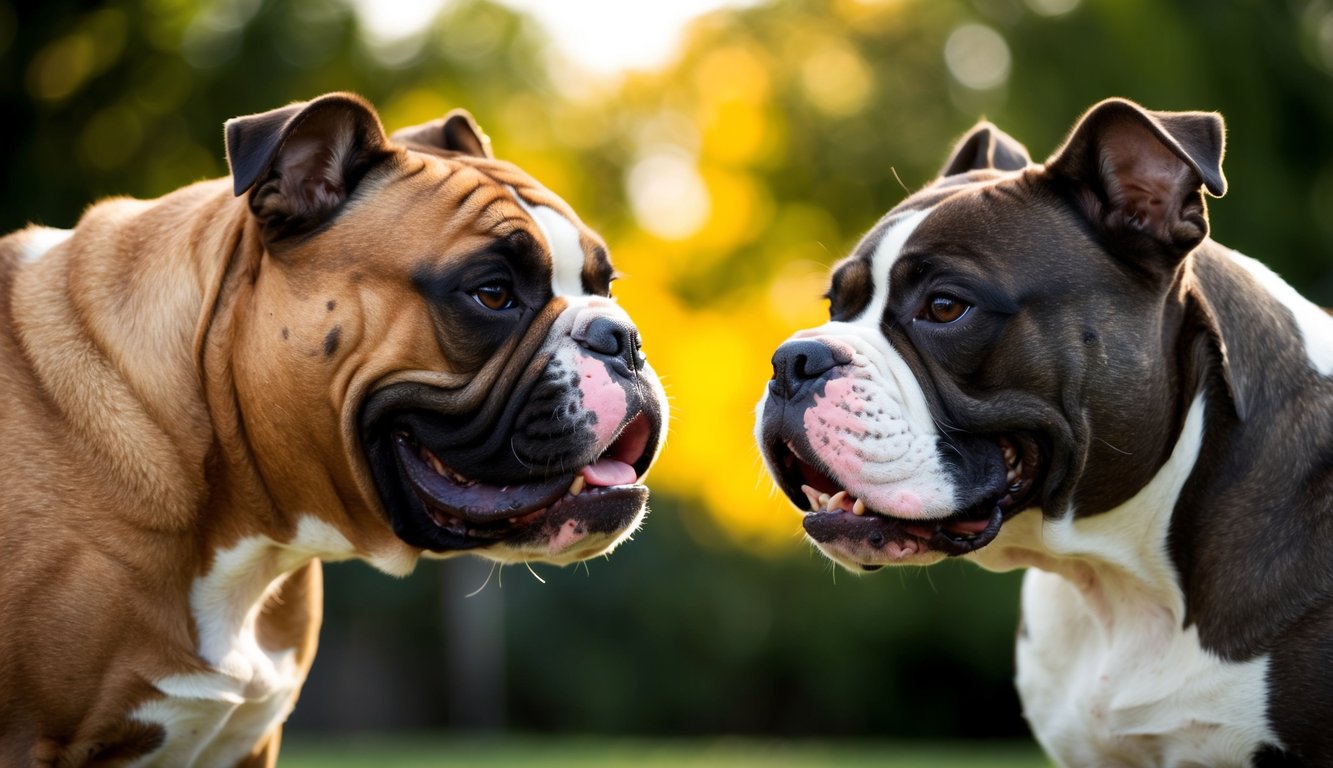 Two American Bulldogs facing each other with tongues out, standing on grass with blurred greenery in the background, showcasing their key differences.