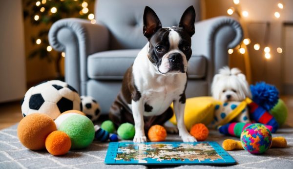 A Boston Terrier sits among colorful toys on a puzzle mat in a cozy room with lights, surrounded by perfect Boston Terrier gifts and unique ideas for pet lovers.