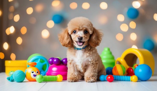 A cute, small brown poodle sits among an array of colorful toys on a wooden floor with blurred lights in the background, inspiring creative ideas for toy poodle names.