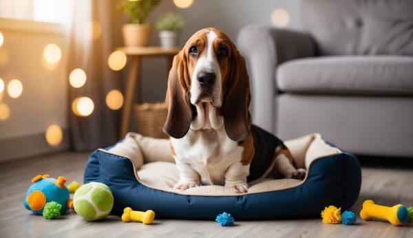 A Basset Hound with long ears sits on a dog bed surrounded by colorful toys in a cozy living room.