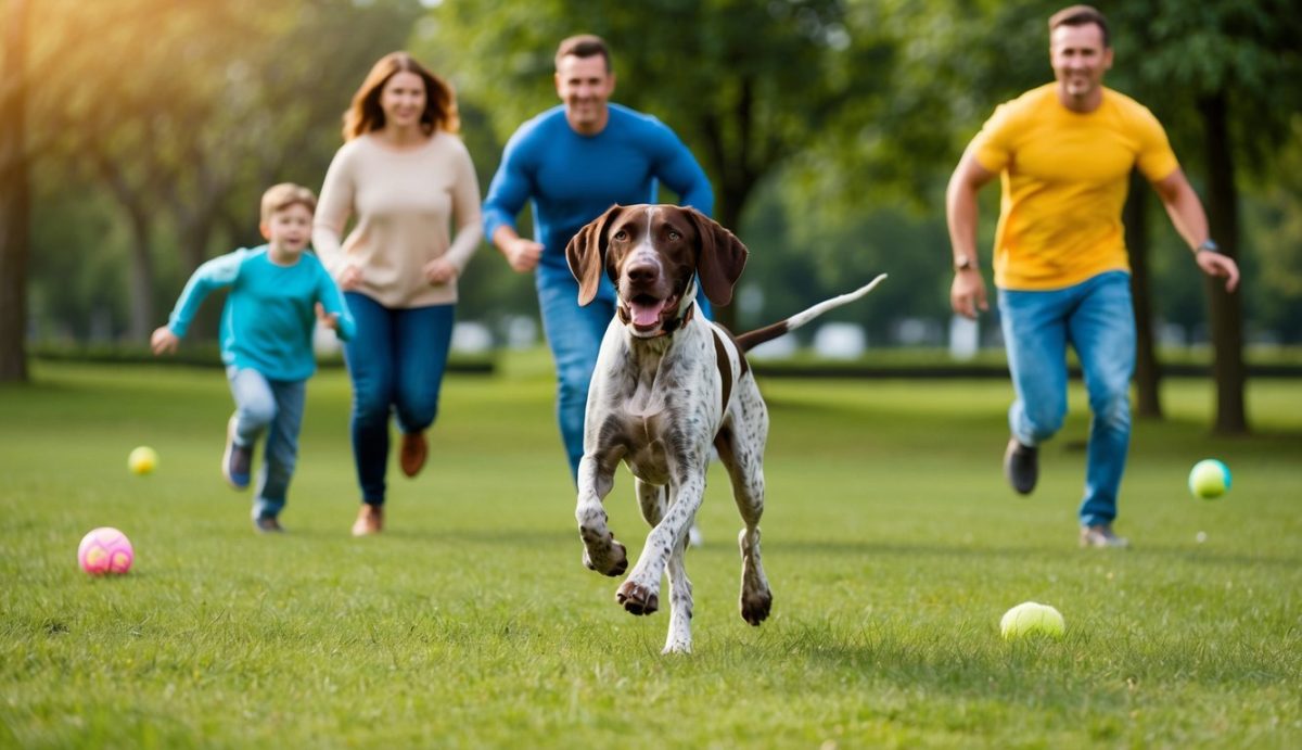 A German Shorthaired Pointer runs energetically across a grassy field, followed by a smiling family of four dressed in casual clothes, surrounded by scattered colorful balls.