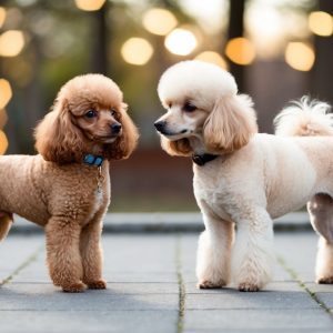Two poodles, a Miniature Poodle and a Toy Poodle with curly coats, stand facing each other on a paved path, surrounded by blurred lights and trees in the background.