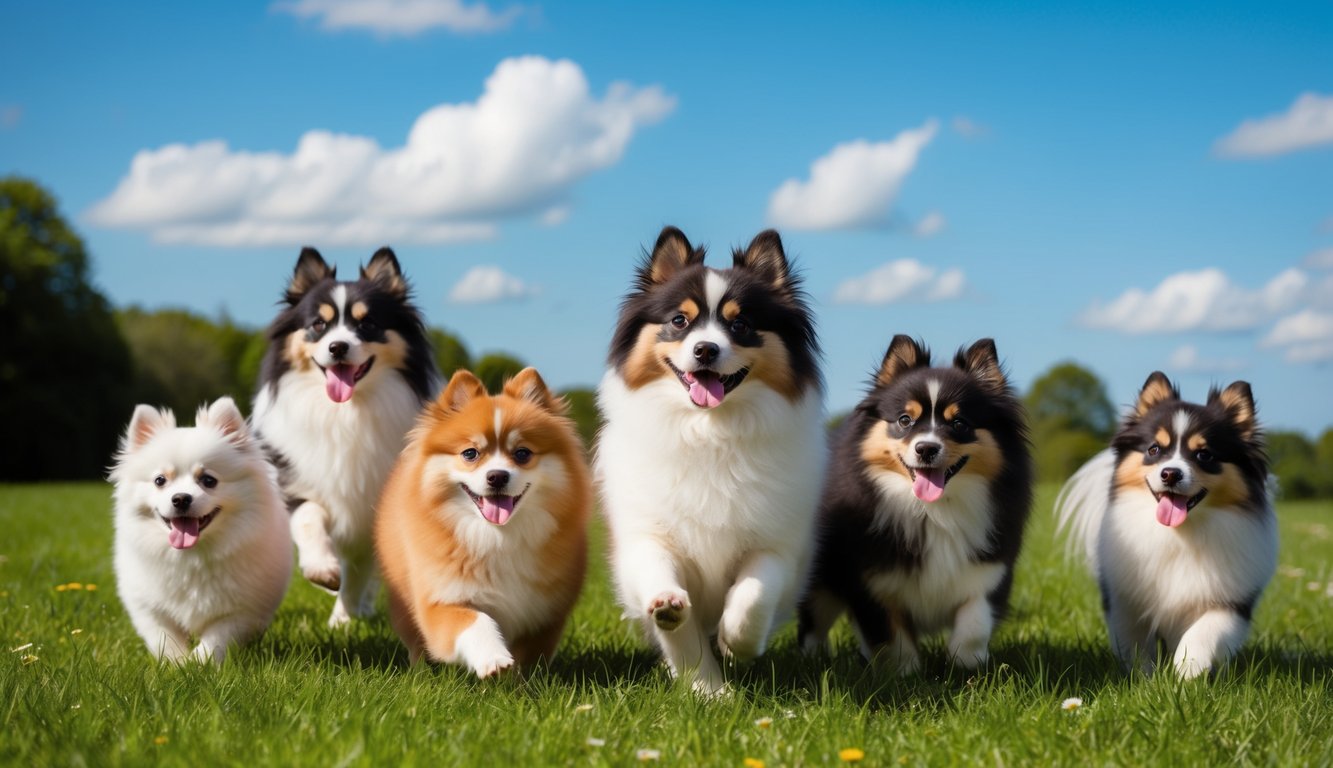 Six fluffy dogs, the perfect fluffy companions, run on grass under a blue sky with clouds.