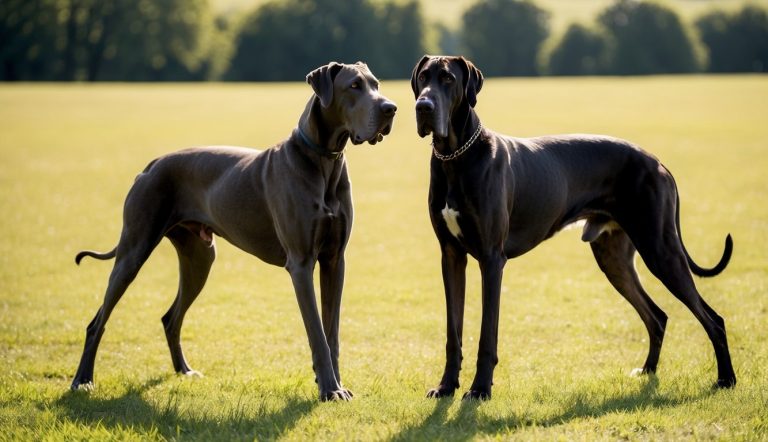 Two giant dog breeds, the majestic Great Danes, stand on a grassy field facing each other with trees in the background.