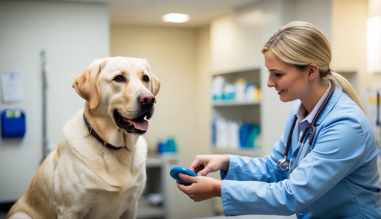 A veterinarian in a blue coat holds a device while assessing the health of a Labrador Retriever on an exam table in a clinic, ensuring the dog's well-being and effective training regimen.