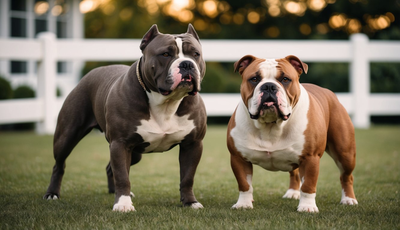 Two strong American Bulldogs stand side by side on grass, with a white fence and blurred trees in the background.
