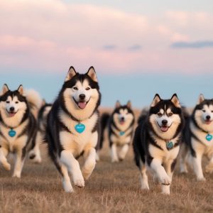 A pack of Siberian Huskies with charming names and blue tags sprint together across a grass field under a pink and blue sky.