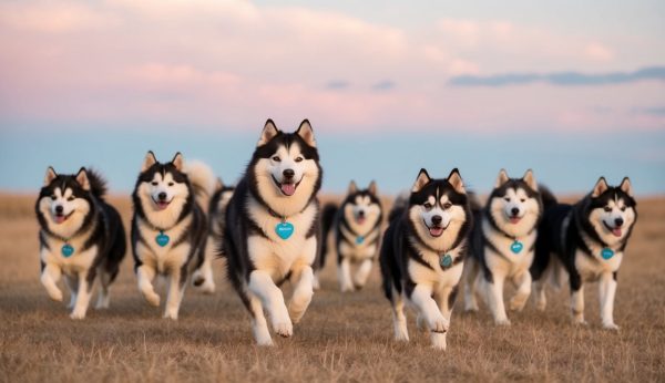 A pack of Siberian Huskies with charming names and blue tags sprint together across a grass field under a pink and blue sky.
