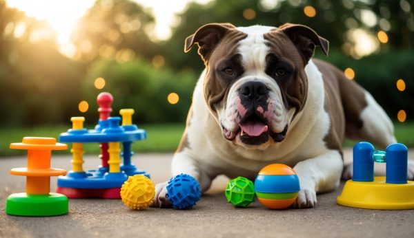 A brown and white bulldog, resembling the classic American Bulldogs, lies on a surface surrounded by colorful dog toys, set against a blurred green backdrop.