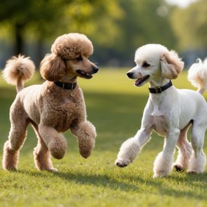 Two poodles, a toy poodle and a miniature poodle, joyfully playing on a grassy field with trees in the background and highlighting their size differences.