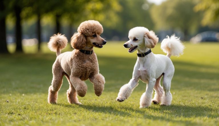 Two poodles, a toy poodle and a miniature poodle, joyfully playing on a grassy field with trees in the background and highlighting their size differences.