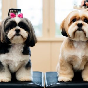 Two small dogs, possibly popular breeds like Shih Tzu or Lhasa Apso, are being groomed on tables. One sports a pink bow, and both are lovingly brushed by people in blue aprons.