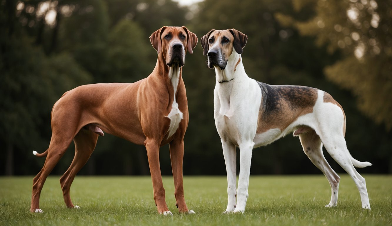 Two large dogs, resembling giant dog breeds, stand on grass in a park setting—one with a brown coat and the other with a tricolor coat. Trees are visible in the background.