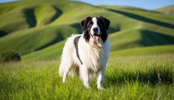 A Great Pyrenees stands on lush green grass with rolling hills in the background under a blue sky, embodying optimal care and vitality.