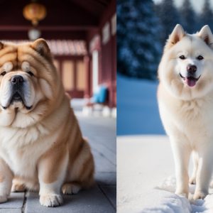 A fluffy brown Chow Chow lounges on a paved walkway, while a white Samoyed stands gracefully in a snowy landscape.