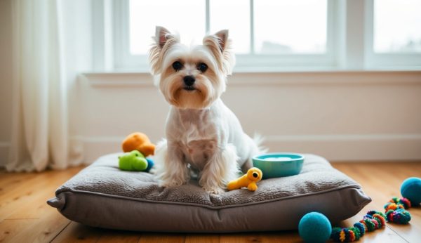 A charming Maltese dog sits on a cushion, surrounded by colorful toys in a bright room with large windows, perfectly embodying the adaptable nature of perfect pets.
