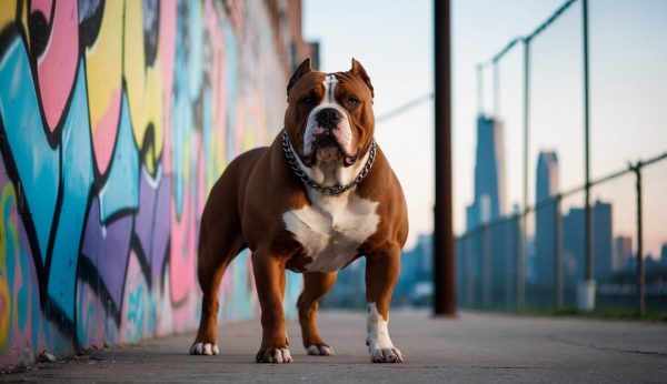 An American Bully stands proudly on a sidewalk beside a vibrant graffiti wall, with city skyscrapers rising majestically in the background.