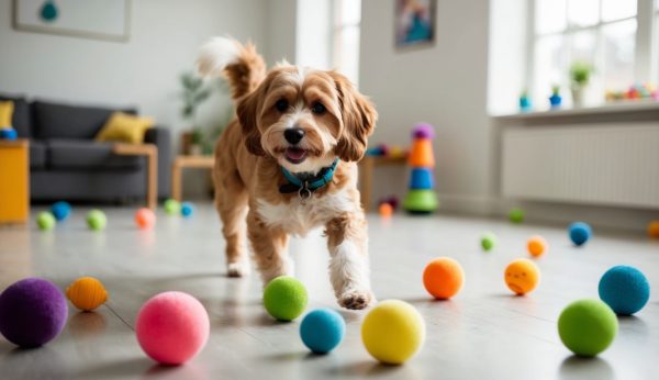 A small Cockapoo, showcasing obedience success, walks through a room scattered with colorful balls, with a couch in the background.