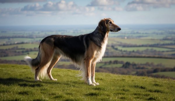A gentle giant of a long-haired dog stands on a grassy hilltop, overlooking a sprawling countryside with fields and scattered clouds in the sky.