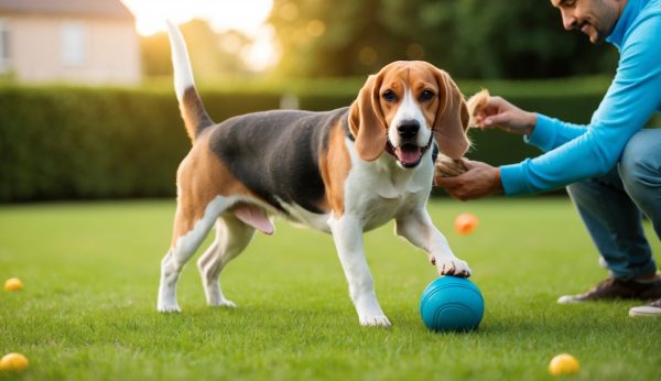 A beagle stands on a grassy lawn with one paw on a blue ball, embodying the essence of exercise. Nearby, a person in a blue hoodie kneels, holding a toy to promote beagle health and wellness.