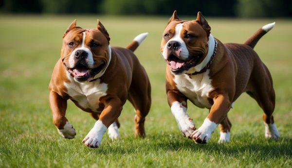 Two brown and white American Bully dogs are running side by side on a grassy field, both looking forward with their tongues out, displaying their surprising traits of agility and playfulness.