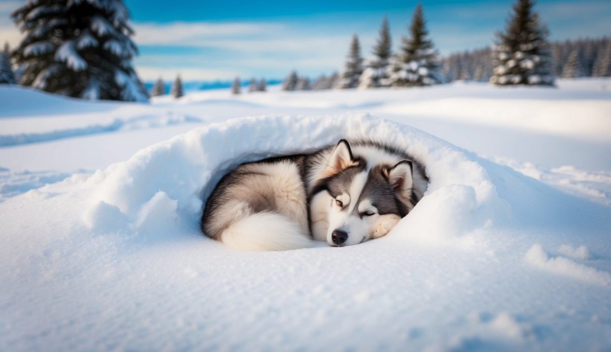 A husky sleeps curled up in a snow nest, surrounded by snow-covered trees under a clear blue sky, much like how a Samoyed would find comfort in cold weather.
