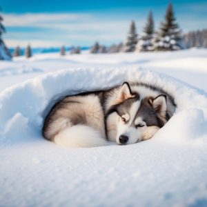 A husky sleeps curled up in a snow nest, surrounded by snow-covered trees under a clear blue sky, much like how a Samoyed would find comfort in cold weather.