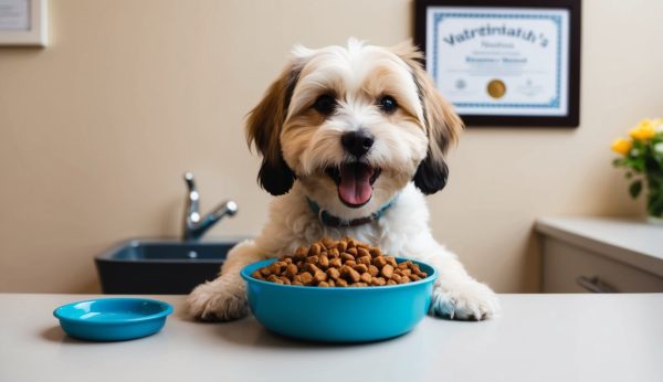A small dog with fluffy white and brown fur sits at a table with a large bowl of kibble, reflecting its optimal Maltipoo diet, and a small blue bowl, in a room adorned with flowers and a certificate in the background.