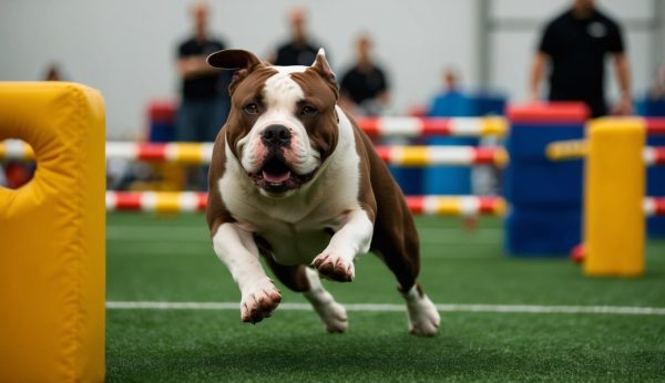 An American Bully leaps over an obstacle on an agility course indoors, surrounded by colorful barriers. It's a surprising display of agility and skill, showcasing traits you need to know about this remarkable breed.