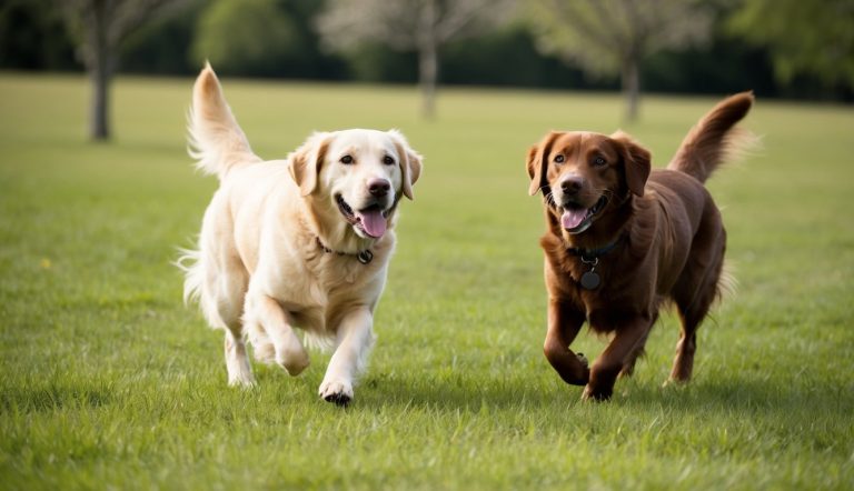 Two dogs, one a golden Labrador and the other a brown Chesapeake Bay Retriever, happily running on green grass with trees blurred in the background.