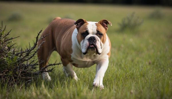 An American Bulldog strolls through a grassy field, surrounded by lush greenery, embodying the surprising traits and charm unique to its breed.