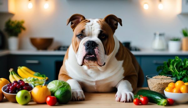An American Bulldog sits on a kitchen counter, surrounded by fruits, vegetables, and a bowl of grains, in a modern kitchen. His glossy coat, the result of regular grooming to minimize shedding, gleams under the soft lighting.
