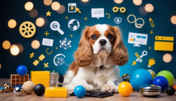 In 2025, a Cavalier King Charles spaniel lounges on a table amidst colorful balls, blocks, and tech icons. Surrounded by this playful array, it seems like the perfect inspiration for creative names.