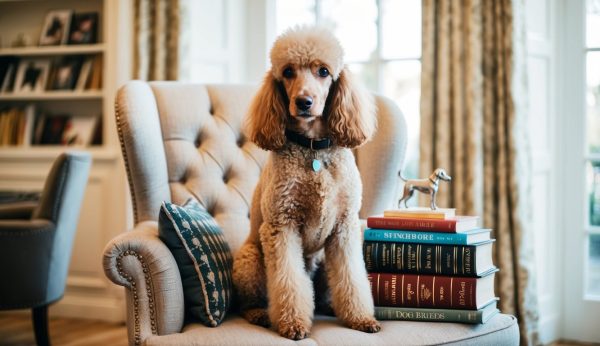 An elegant poodle sits on a cushioned chair next to a stack of books with a small dog figurine on top. The background features bookshelves and large windows with drapes, adding to the sophisticated charm of the scene.