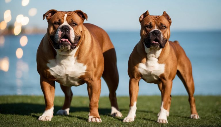 Two brown and white bulldogs, showcasing key differences typical of the American Bulldog breed, stand on grass with a blue sky and water in the background.