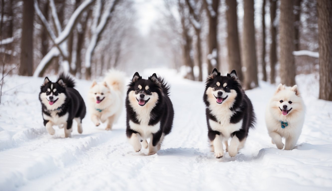 Five fluffy companions, including some Pomskies with charming names, run joyfully through a snow-covered forest path, surrounded by tall trees.