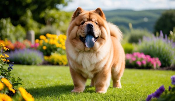 Fluffy Chow Chow with its distinctive blue tongue stands proudly on green grass amidst a colorful flower garden, whispering tales of its ancient origins.