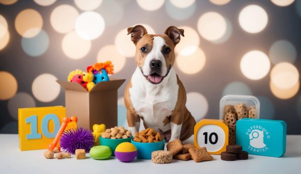 A brown and white dog sits among Unique Picks of toys, treats, and boxes against a bokeh background.